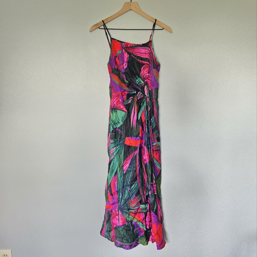 Farm Rio Midnight Leaves Viscose Cut Out Dress Size Medium Satin Slip Tropical - Picture 4 of 6